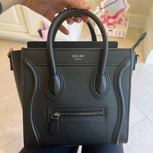 Black drummed calfskin Celine luggage nano tote